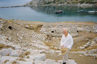 Roger soaking up inspiration at ancient Knidos in Turkey, once home of Aphrodite of Knidos, a most famous sculpture in antiquity.  Aphrodite and another statue, The Lion of Knidos, make their way into Roger’s original music in Reflections In The Wine Dark Sea.”  2012 photo courtesy of Roger Latzgo.
